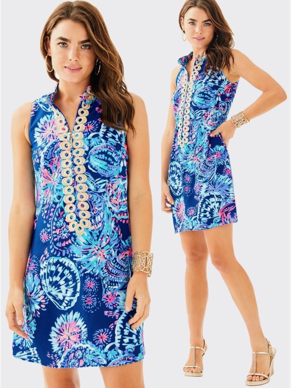 Lilly Pulitzer Jane Shift Dress in Indigo Gypsea Girl Gold Appliqué Detail SZ 10